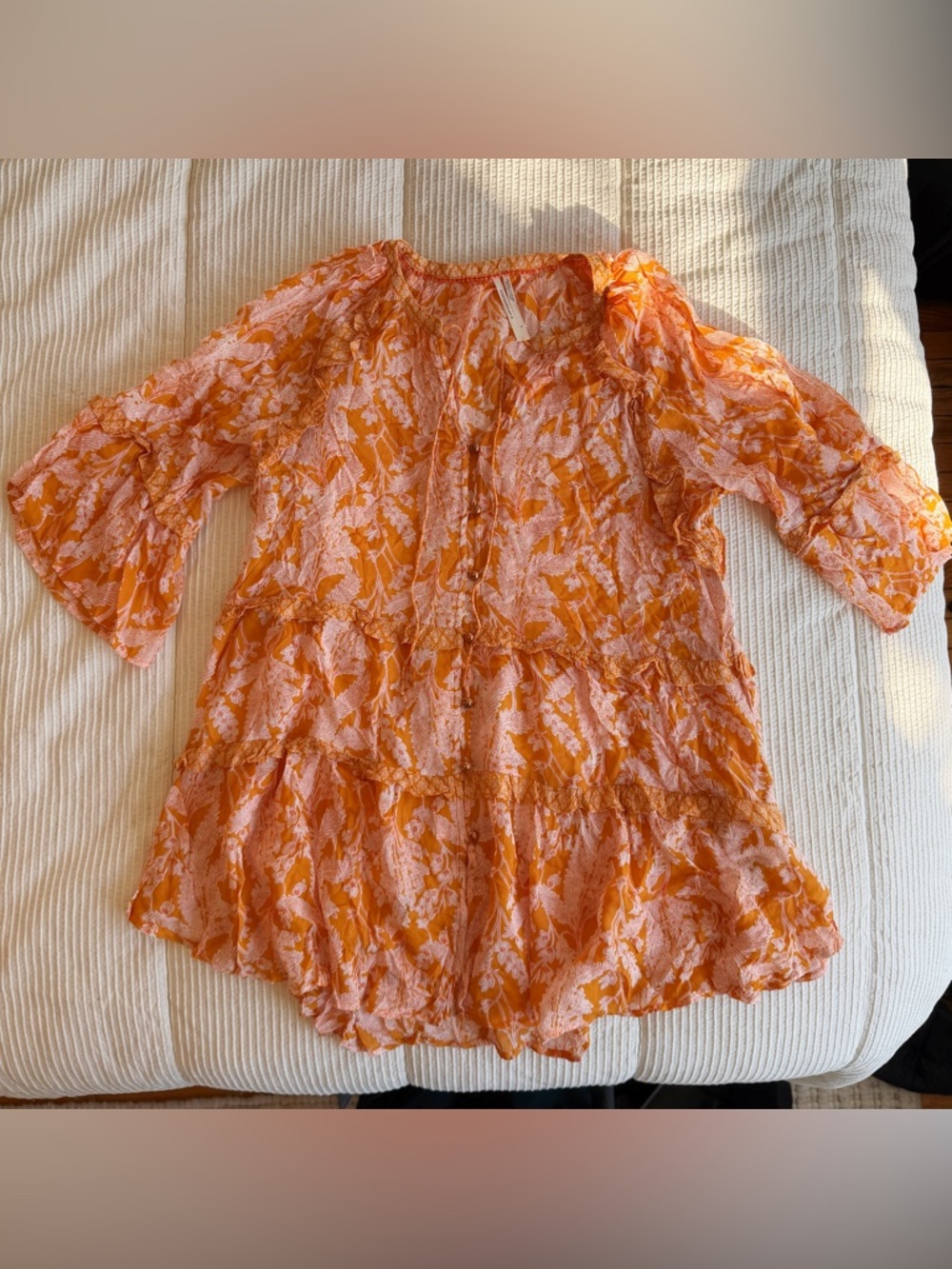 Anthropology Orange Floral Tiered Sheer Tunic / Cover Up